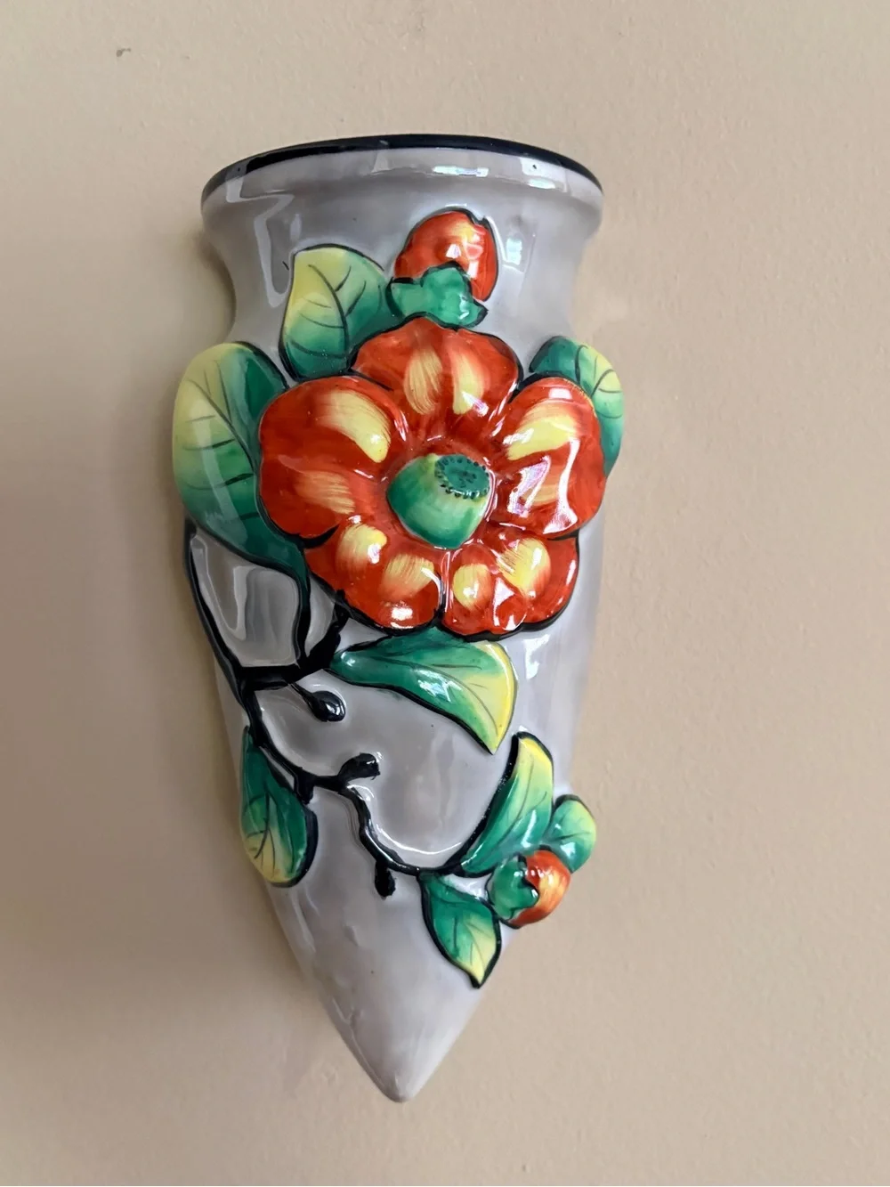 Vintage Hand Painted Ceramic Wall Pocket Vase - Made in Japan